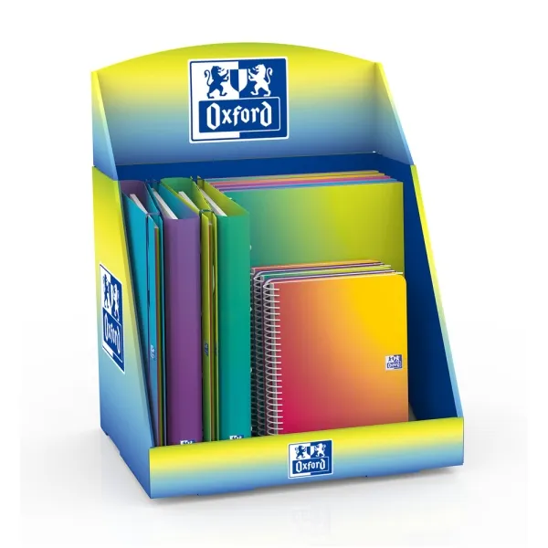 Espositore Oxford Gradient con 14 prodotti: 5 quaderni a spirale A4+ 5 quaderni a spirale A5+ 4 raccoglitori ad anelli A4+ colori assortiti.