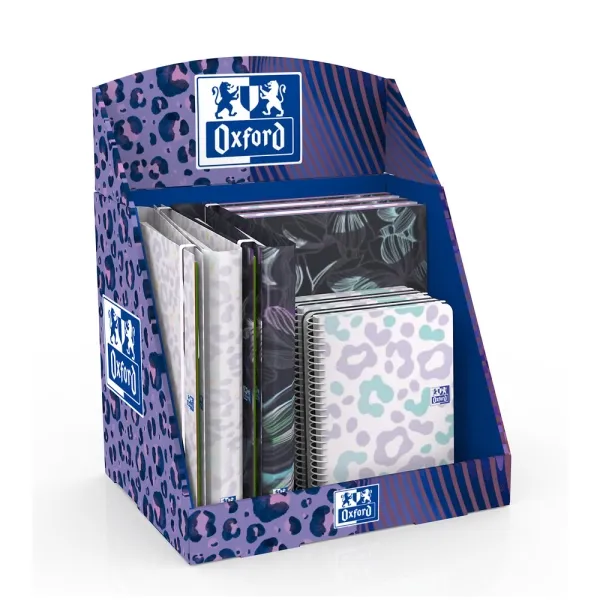 Espositore Oxford Dream Tech con 14 prodotti: 5 quaderni a spirale A4+ 5 quaderni a spirale A5+ 4 raccoglitori ad anelli A4+ colori assortiti.
