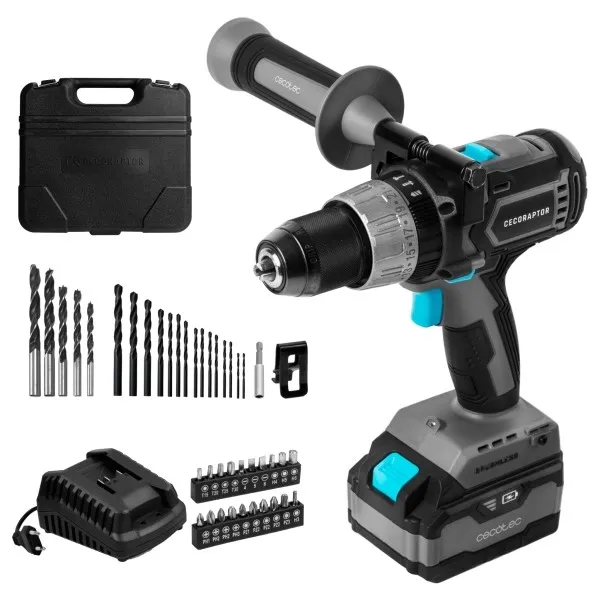 Trapano a percussione Cecotec CecoRaptor Perfect 4020 senza spazzole - Coppia 46 Nm - 2000 giri/min - 3000 impulsi/min - Batteria 4 Ah 20 V - Luce LED - Accessori inclusi - Nero e grigio