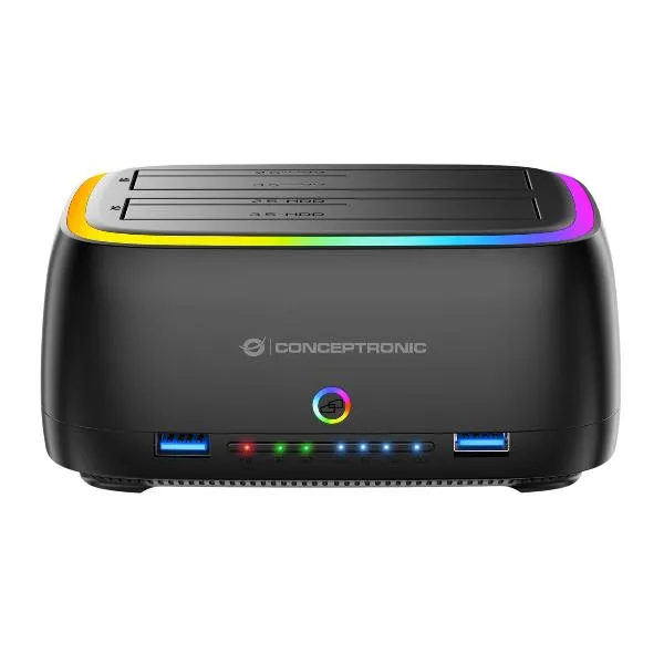 Conceptronic Dual-Bay Rgb Hard Drive Docking Station For 2.5/3.5-Inch HDD SSD 2 X USB A SD/TF Card Reader Uasp DONN36B