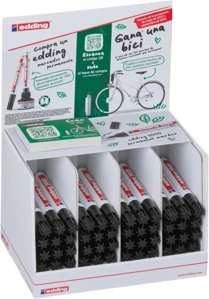 Espositore Edding 3000 con 48 pennarelli permanenti - Punta rotonda da 15 mm - Tratto tra 15 e 3 mm - Ricaricabili - Asciugatura rapida - Nero