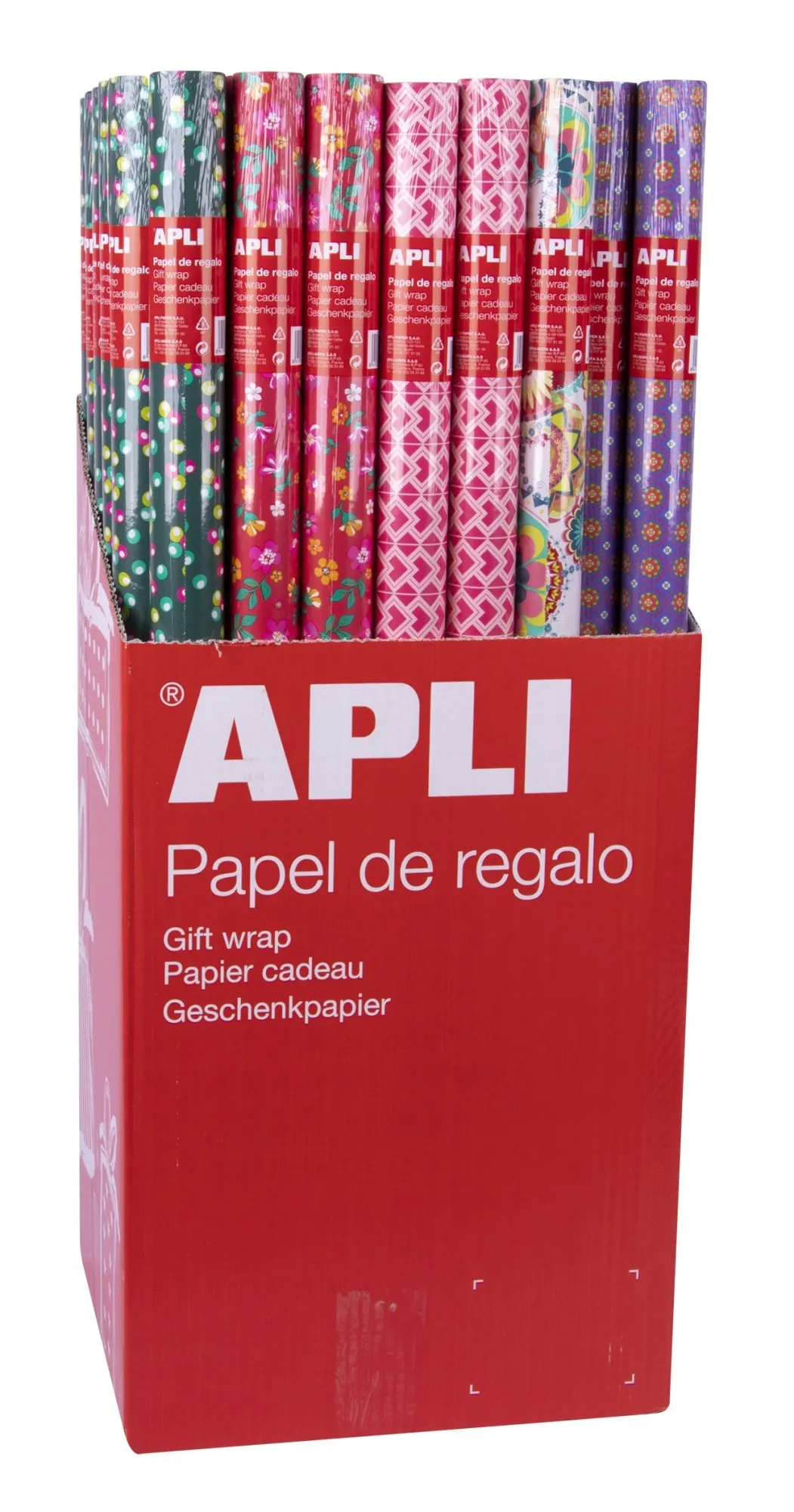 Display Apli da 55 Rotoli di Carta Regalo Tendance - 11 Rotoli per Colore - Misure Rotolo 070x2m - 5 Disegni