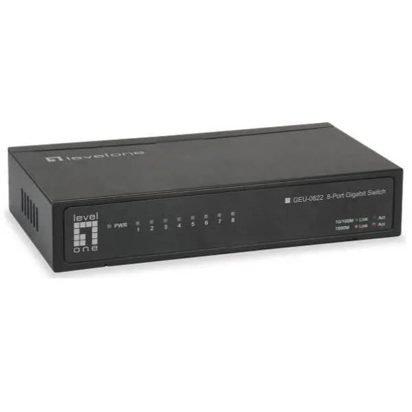 Level One 8 Port Gigabit Desktop Switch With Metal Housing Supports 8K Mac Address Auto-Learning And Auto-Aging GEU-0822