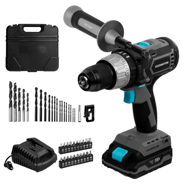 Trapano a percussione Cecotec CecoRaptor Perfect 2020 senza spazzole - Coppia 46 Nm - 2000 giri/min - 3000 impulsi/min - Batteria 2Ah 20V - Luce LED - Accessori inclusi - Nero e grigio
