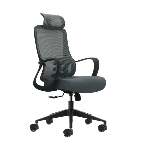 Sedia da ufficio ergonomica Oqonos Cherg 005 con poggiatesta cervicale regolabile schienale in rete traspirante pistone a gas di classe 4 supporto lombare braccioli fissi sedile ergonomico sagomato e ruote in silicone - Grigio con struttura nera