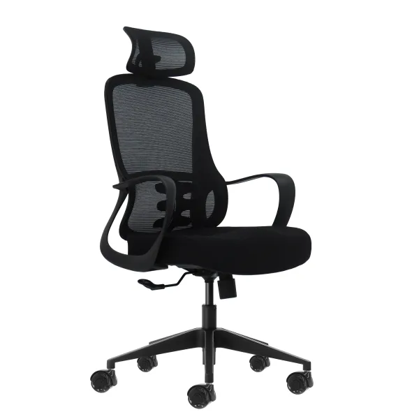 Sedia da ufficio ergonomica Oqonos Cherg 004 con poggiatesta cervicale regolabile schienale in rete traspirante pistone a gas di classe 4 supporto lombare braccioli fissi sedile ergonomico sagomato e ruote in silicone - Nera