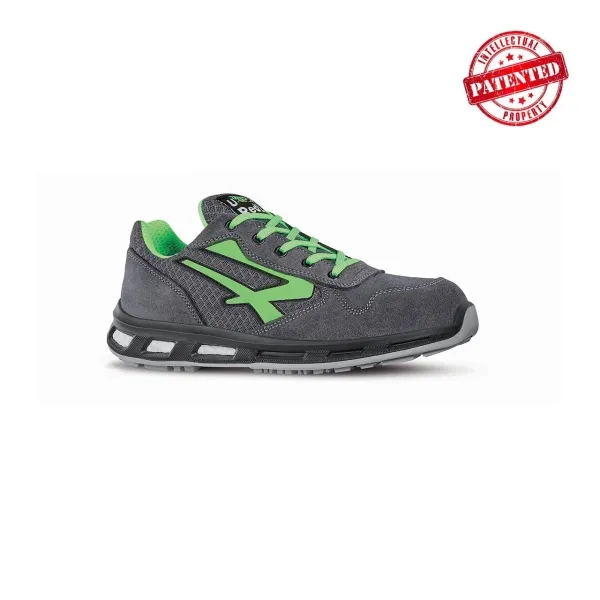 Scarpe antinfortunistiche basse Upower Point S ESD - Taglia 42 - Tomaia in nylon ultra flessibile e morbida pelle scamosciata puntale in alluminio suola in poliuretano antiscivolo e antipiega protezione S1PS FO SR - Grigio scuro/Verde