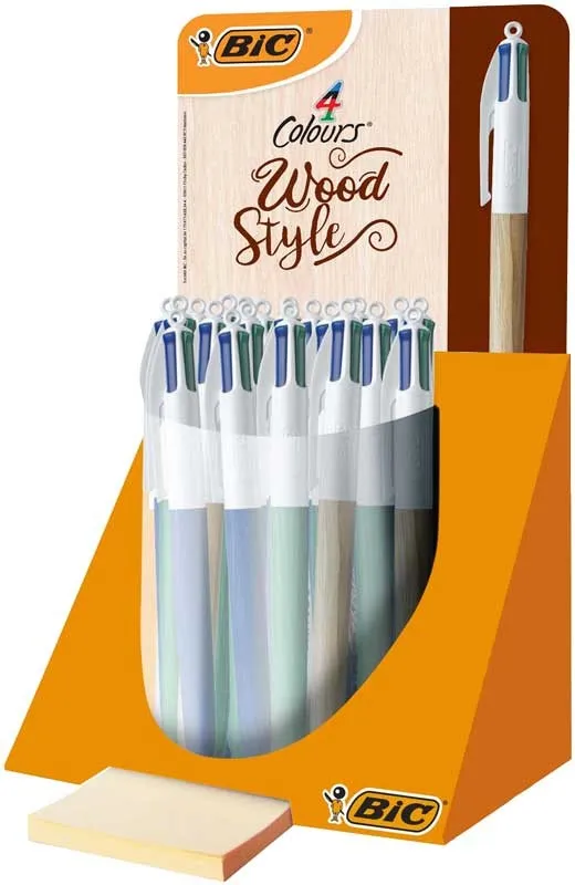 Bic 4 Colors Wood Style Espositore da 30 penne a sfera retrattili - Punta media da 10 mm - Inchiostro a base di olio - Design in legno - 4 colori