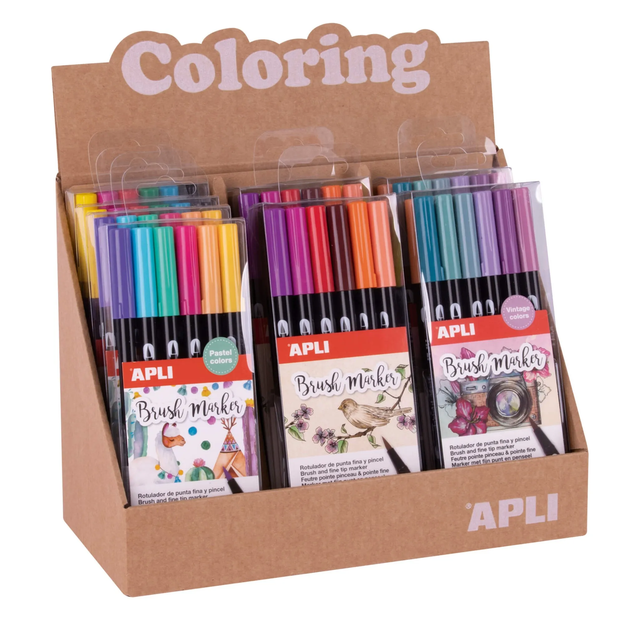 Apli Pennarelli a Pennello da Colorare - Espositore con 8 Confezioni Assortite - Doppia Punta di Pennello in Nylon Tipo da 1-4 mm e Punta Tonda da 1 mm - Acquerello e Multifunzione