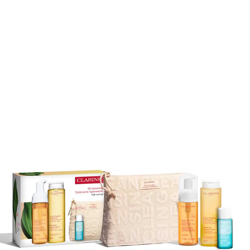 Clarins Mousse Nettoyante Peau Neuve + Lotion Tonique Hydratante Tutti i tipi di pelle - 200 ML Tonico Viso + 150 Mousse Detergente + 30 ML Struccante Bifasico