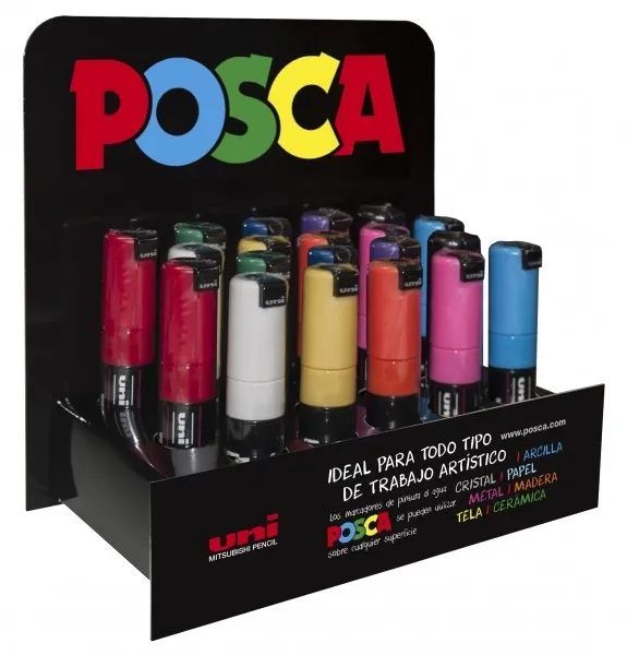 Espositore da 20 pennarelli a vernice Posca PC-8K - Punta a scalpello in acrilico da 8 mm - Non permanenti - Ideali per segnaletica e decorazione - Colori assortiti