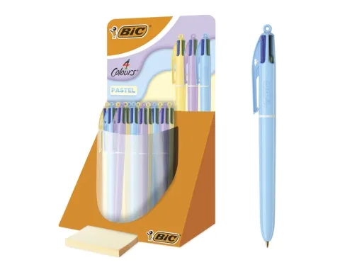 Espositore Bic 4 Colours Pastel con 30 penne a sfera a scatto - Punta media da 10 mm - Inchiostro a base di olio - Corpo pastello - 4 colori