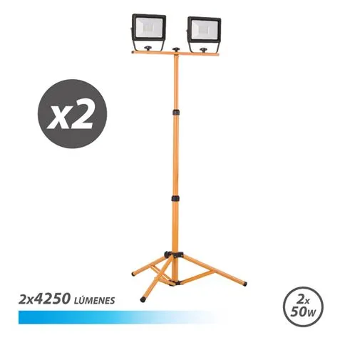 Faretto LED Elbat con treppiede 2 x 50W - 4250 lumen - Luce fredda 6500K - Cavo 3m - IP65 per uso esterno
