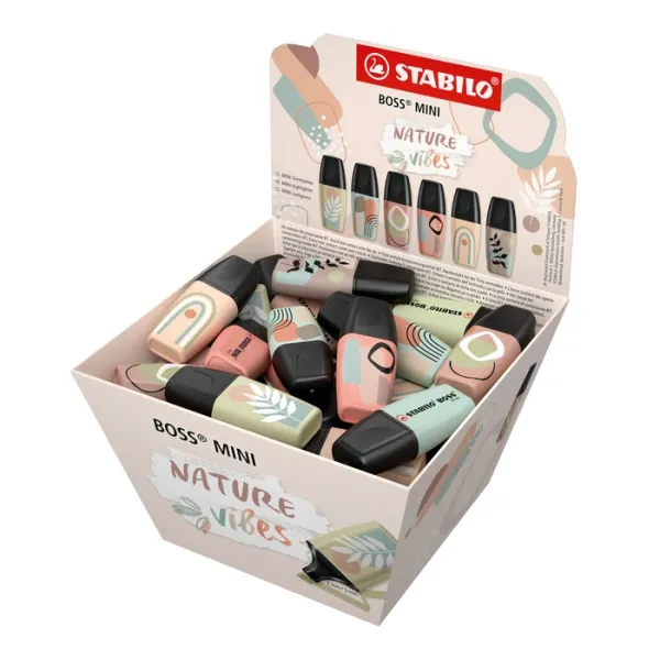 Espositore Stabilo Boss Mini Naturevibes con 50 pennarelli fluorescenti - Tratto tra 2 e 5 mm - Inchiostro a base d'acqua - Anti-seccamento - Colori assortiti