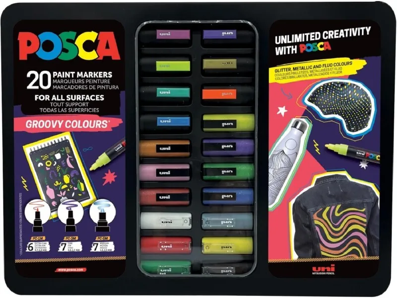 Posca Groovy Colours - Custodia in metallo con 20 pennarelli a vernice - Colori e tratti assortiti - Punta in poliestere - Inchiostro pigmentato a base d'acqua - Resistente alla luce - Colori assortiti
