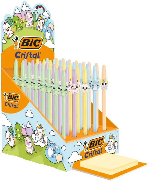 Set di 40 penne a sfera Bic Cristal Pastel Figurines - Corpo opaco in colori pastello con figure di animali - Punta tonda da 1 mm - Tratto da 04 mm - Inchiostro a base d'olio - Colore inchiostro blu