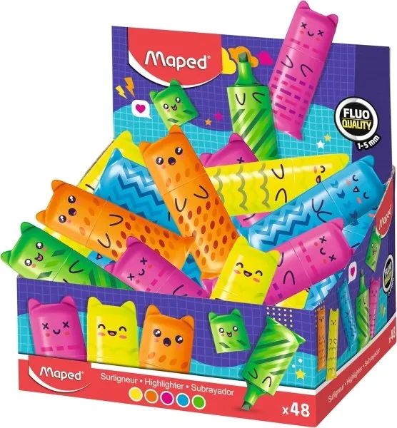 Espositore Maped Kawaii con 48 mini pennarelli fluorescenti al neon - Divertenti disegni Kawaii - Tratto da 1 a 5 mm - Ideali per sottolineare ed evidenziare - Colori assortiti