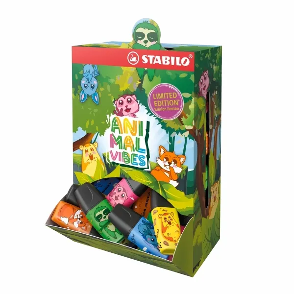 Stabilo Boss Mini Animal Vibes Display con 50 mini pennarelli fluorescenti - Tratto da 2 a 5 mm - Inchiostro a base d'acqua - Anti-essiccazione - Colori assortiti