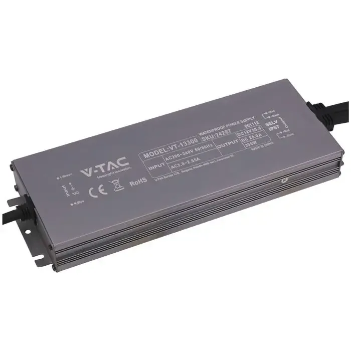 V-TAC Alimentatore LED in Metallo 300W 12V 25A con 1 Uscita 244x80x29mm IP67