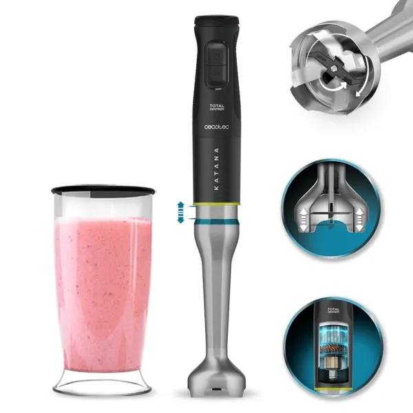 Cecotec Katana 15 TotalDestroy Frullatore a immersione con caraffa - 1500W - Lame a forbice in titanio - Funzione oscillante - 21 velocità - Protezione antispruzzo - Caraffa da 800 ml con coperchio - Turbo - Nero