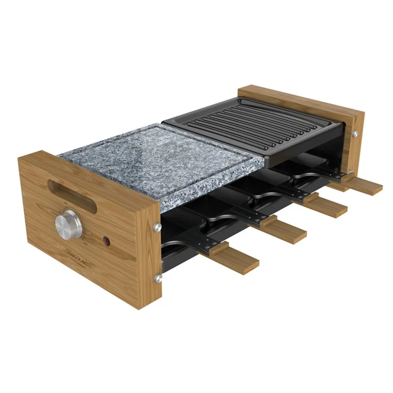 Cecotec Cheese and Grill 8400 Wood MixGrill Raclette - 1200W - 8 Padelle antiaderenti - Griglia e piastra - Termostato - Piastre rimovibili in acciaio e pietra antiaderenti - Colore legno chiaro