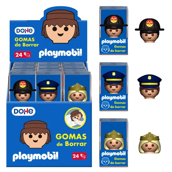 Dohe Playmobil Display of 24 Gomme da cancellare - Realizzate in PVC - Decorate con Playmobil Polizia Vigili del fuoco e Principessa
