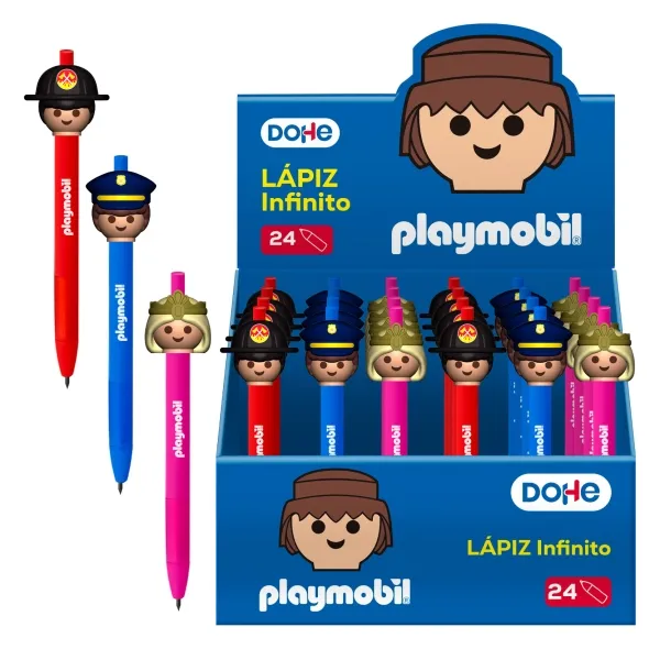Supporto per matite colorate Playmobil Dohe con 24 matite Infinity - Impugnatura in gomma - Facilmente cancellabili - Decorazioni Playmobil Polizia Pompieri e Principessa.