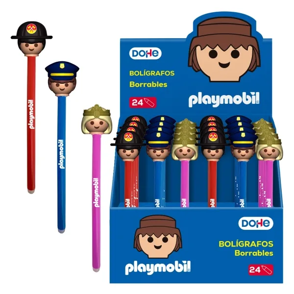 Dohe Playmobil Espositore da 24 penne cancellabili - Punta da 1 mm tratto da 05 mm - Disegni Playmobil Polizia Vigili del Fuoco e Principessa - Inchiostro blu
