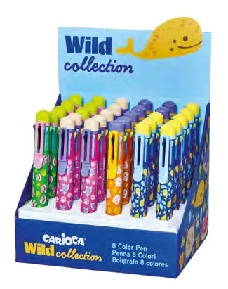 Espositore Carioca Wild Collection con 30 penne in 8 colori - Punta da 1 mm - Divertenti disegni di animali - Clip