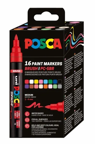 Scatola Posca PC-5BR con 16 pennarelli a vernice - Punta a pennello da 1-4 mm - Inchiostro a base d'acqua - Resistente alla luce - Non permanente - Colori assortiti