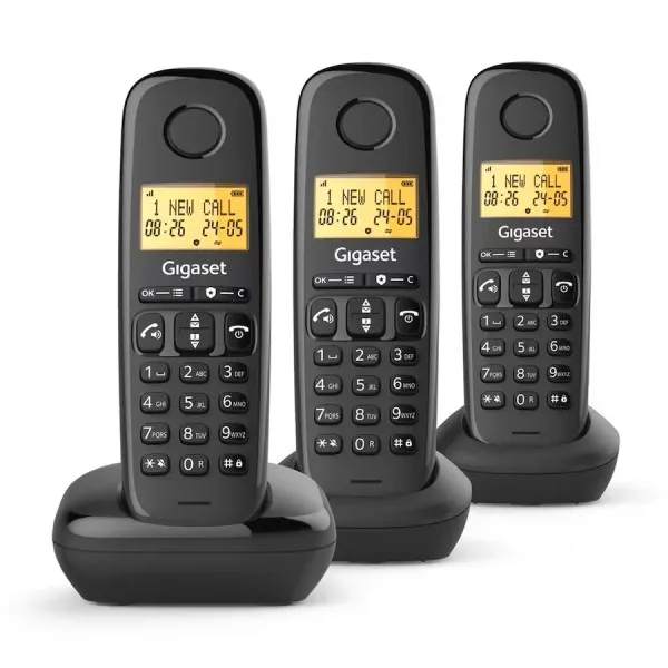 Telefono cordless Gigaset Basic 100 Trio DECT con identificativo del chiamante blocco chiamate display retroilluminato colore nero.