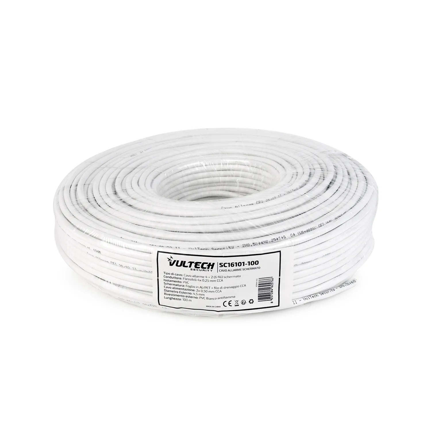 Cavo Allarme VulTech Security SC16101-100 4 Cavi + 2 Alimentazione 2X0.50 + 4X0.25 100m Bianco PVC