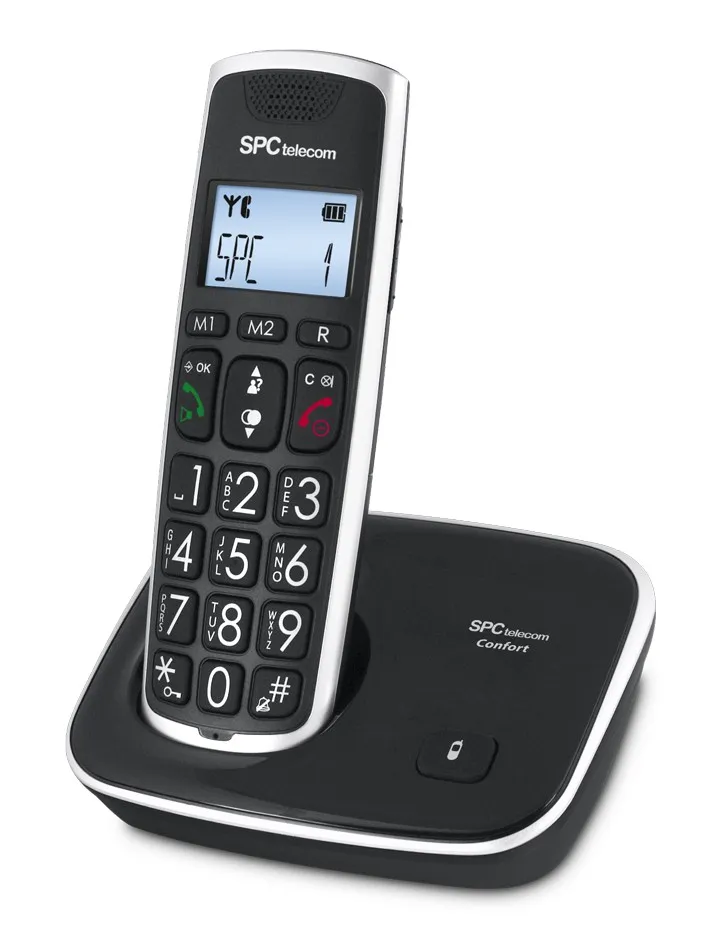 Telefono fisso wireless per anziani SPC - Tasti e numeri extra large - Volume cornetta amplificato - Rubrica e 2 memorie dirette - ID chiamante e vivavoce - Batterie ricaricabili - Versione Duo - Colore Nero