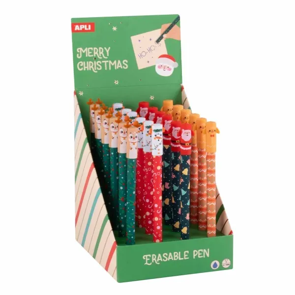 Espositore natalizio Apli con 24 penne a inchiostro gel cancellabili - Tratto da 07 mm - 4 divertenti disegni natalizi - Inchiostro blu