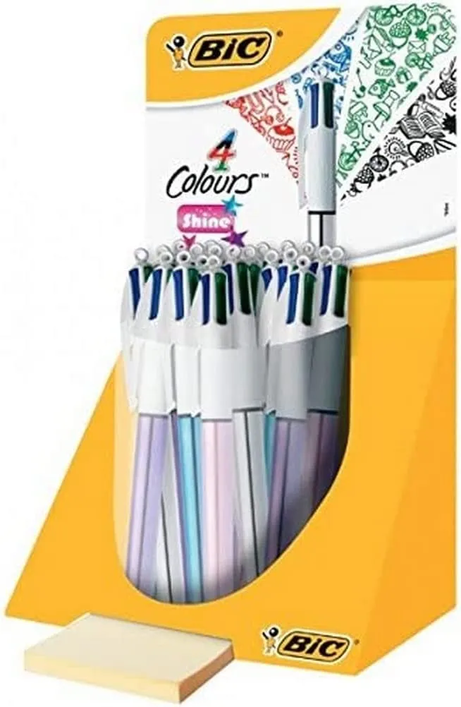 Bic 4 Colours Shine 20 penne a sfera retrattili Display - Punta media da 10 mm - Inchiostro a base di olio - Fusto di colori metallici assortiti - 4 colori