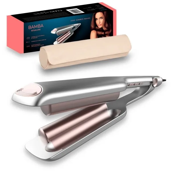 Piastra per capelli Cecotec Bamba RitualCare 2000 Summer Waves per creare onde - Temperatura regolabile - Funzione ionizzatore - Punta fredda - Cavo girevole a 360° da 18 m - Custodia da viaggio - Spegnimento automatico - Colore argento