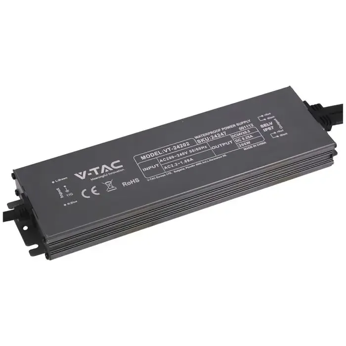 V-TAC Alimentatore LED in Metallo 200W 24V 8.25A con 1 Uscita 244x65x25mm IP67