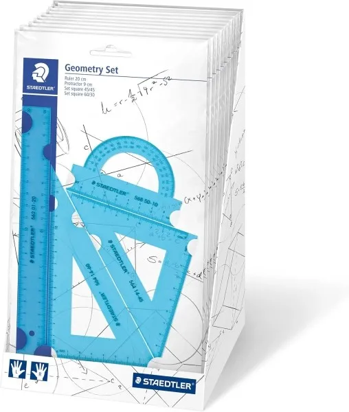 Espositore Staedtler con 18 confezioni di righelli - La confezione include un righello dritto da 20 cm un goniometro una squadra a 60/30 gradi e una squadra a 45 gradi - Colori neon assortiti