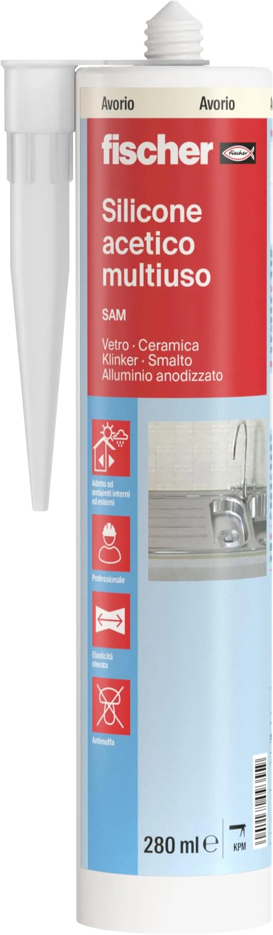 Fischer Silicone Acetico Multiuso Avorio SAM 280 ml, Sigillante Antimuffa per Vetro, Alluminio, Smalto, Ceramica, Adatto per Bagno e Cucina, 9355