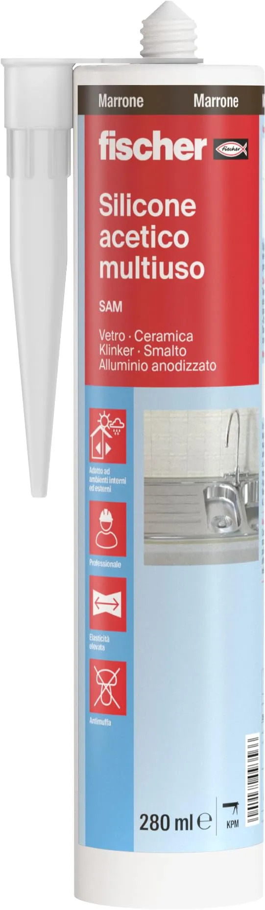 Fischer Silicone Acetico Multiuso Marrone SAM 280 ml, Sigillante Antimuffa per Vetro, Alluminio, Smalto, Ceramica, Adatto per Bagno e Cucina, 9356