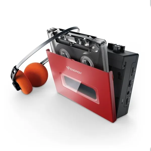 Lettore di cassette portatile Energy Systems - Bluetooth - Cuffie retrò incluse - Microfono per registrazione vocale - Batteria da 1200 mAh - USB-C - Rosso