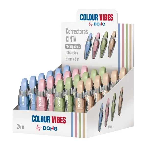 Espositore Dohe Colour Vibes con 24 nastri correttori - 5 mm x 6 m - Pulsante retrattile - Ricaricabile - Corpo ergonomico - Colori assortiti