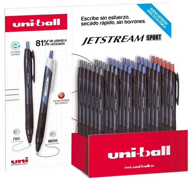 Espositore sportivo Uni-ball SXN-157E JetStream con 36 penne retrattili - Punta a sfera da 07 mm - Inchiostro pigmentato resistente all'acqua e alla luce - Asciugatura istantanea - Colori assortiti