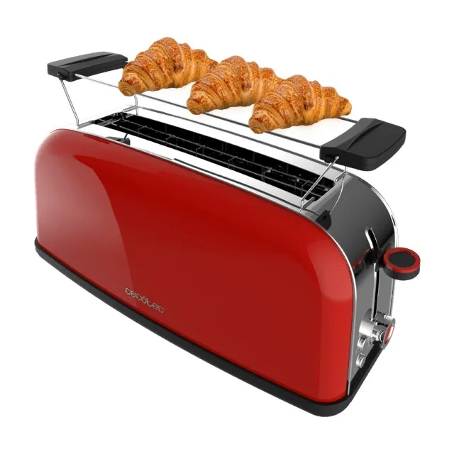 Cecotec Toastin' Time 850 Tostadora de Ranura Larga - 850W - Ranura Ancha - Calienta Panecillos - Autocentrado - Bandeja Recogemigas - 7 Niveles de Tostado - Color Rojo