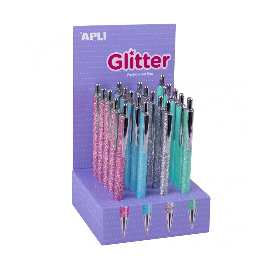 Apli Glitter Espositore da 20 Penne in Metallo - Inchiostro ad Olio - Asciugatura Rapida - Punta da 1mm - Colori Assortiti