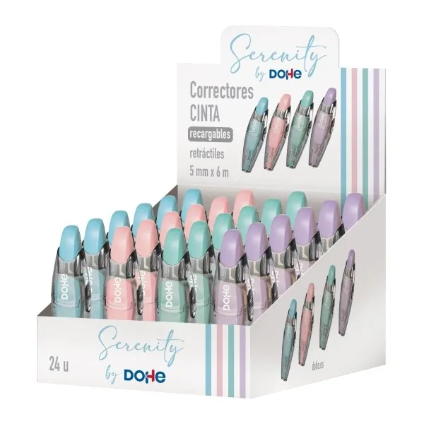 Supporto per correttore Dohe Serenity con 24 nastri correttori - 5 mm x 6 m - Pulsante retrattile - Ricaricabile - Corpo ergonomico - Colori assortiti