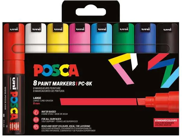 Pennarelli a vernice Posca PC-8K/8C confezione da 8 punta a scalpello da 8 mm inchiostro a base d'acqua resistenti alla luce colori assortiti