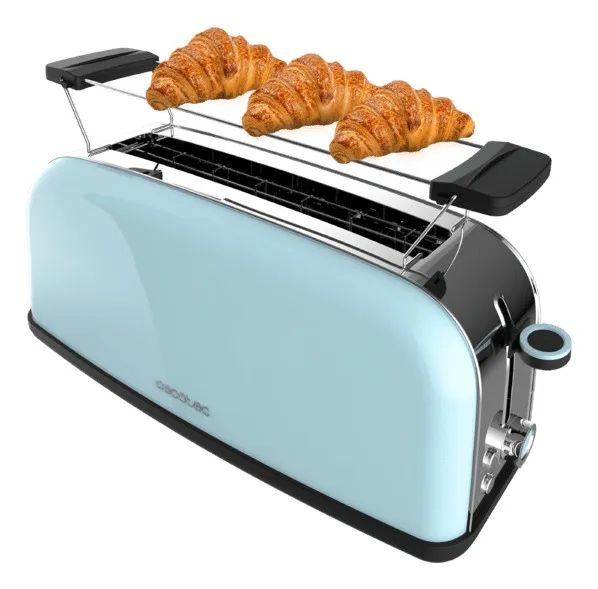 Cecotec Toastin' Time 850 Tostadora de Ranura Larga - 850W - Ranura Ancha - Calienta Panecillos - Autocentrado - Bandeja Recogemigas - 7 Niveles de Tostado - Color Azul Claro