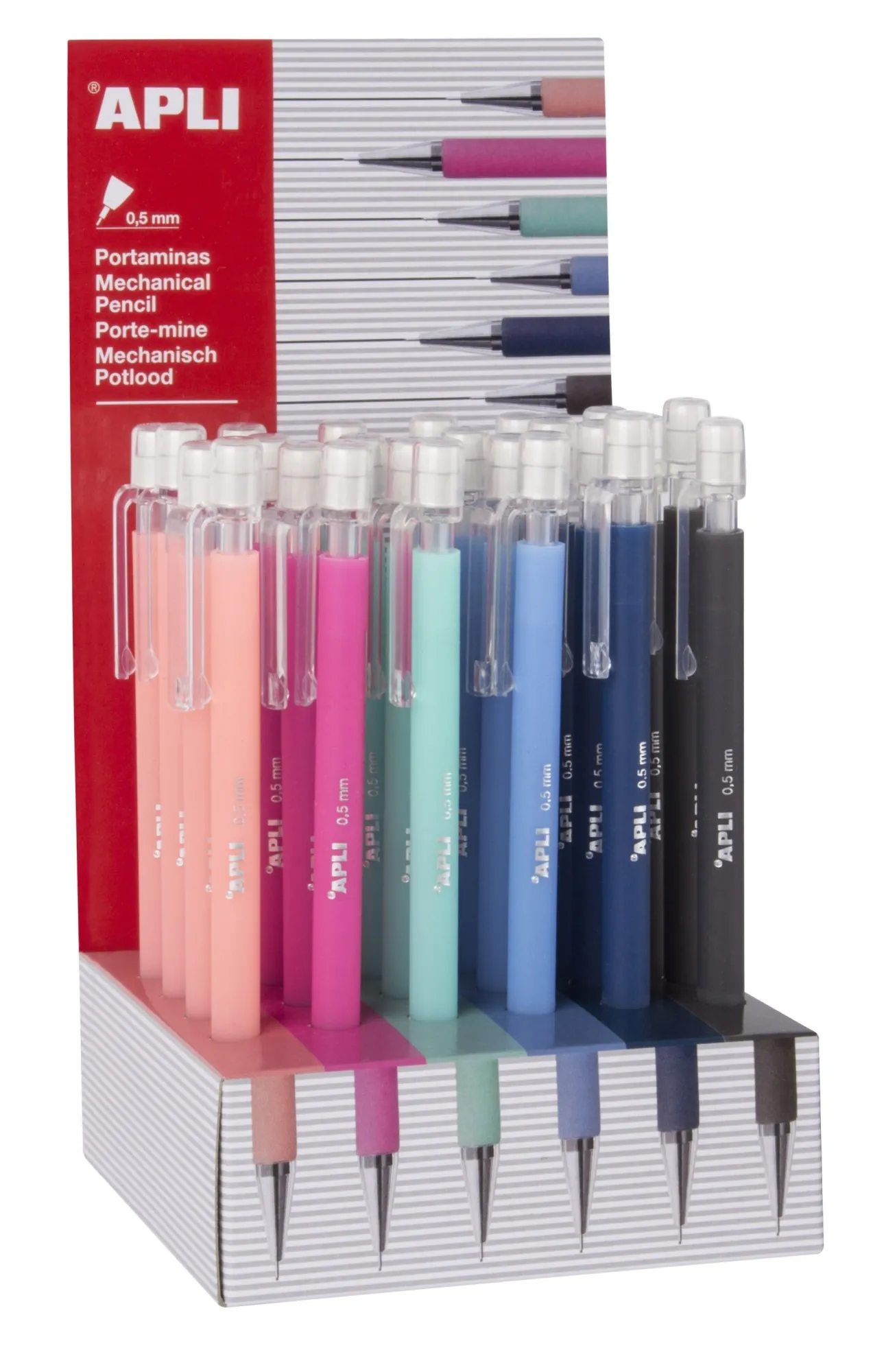 Apli Soft Nordik espositore portamine da 05 mm - Salmone Rosa Turchese Blu Blu Navy e Nero - Cappuccio con cappuccio trasparente e gomma - Colori assortiti