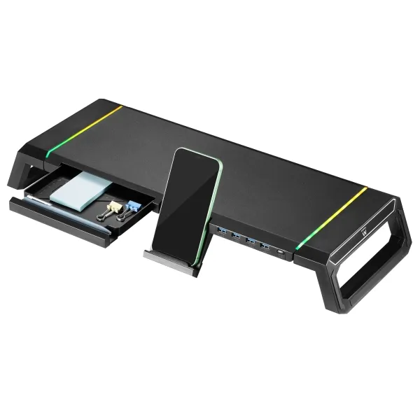 Ewent EW1268 Elevador para Monitor RGB Extensible - Plegable con cajon y soporte para smartphone - HUB USB 3.0 de 4 Puertos - Color Negro